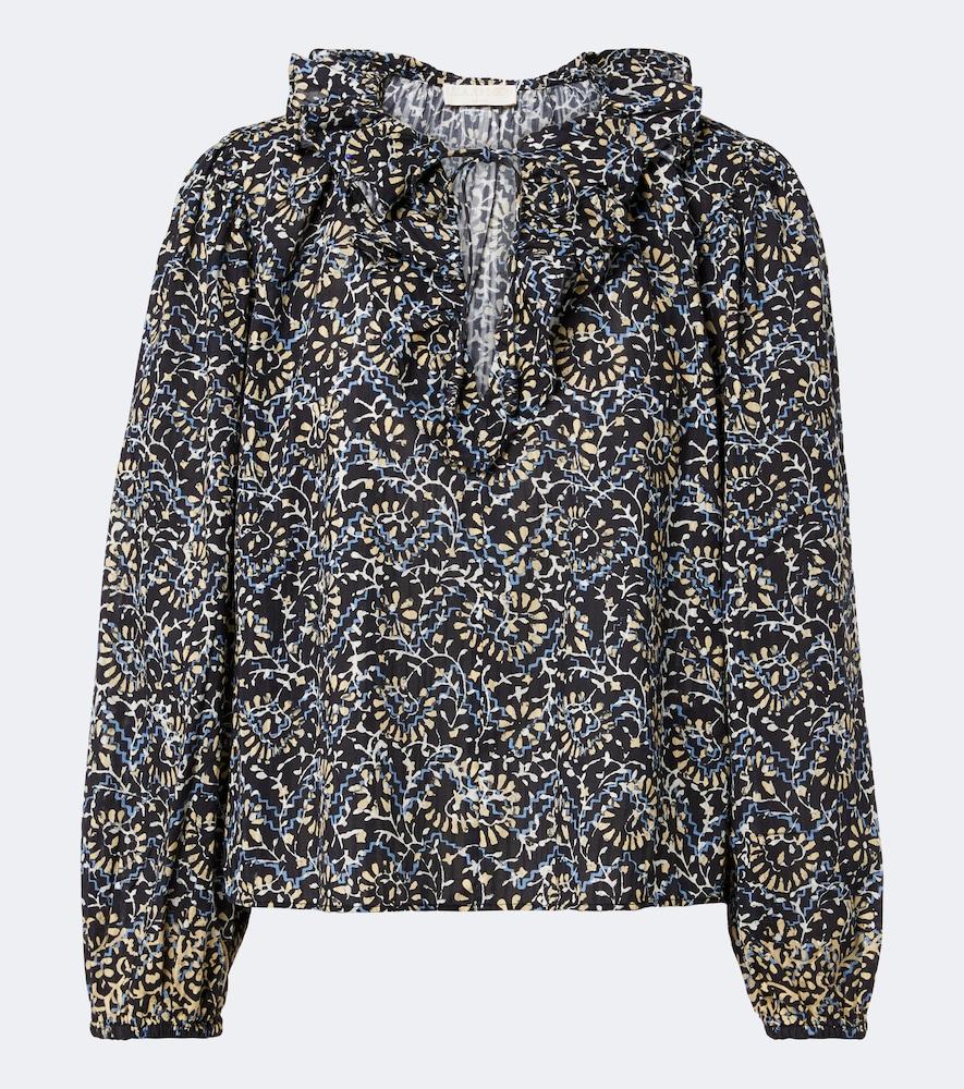 ulla johnson siena printed ruffled cotton-blend top