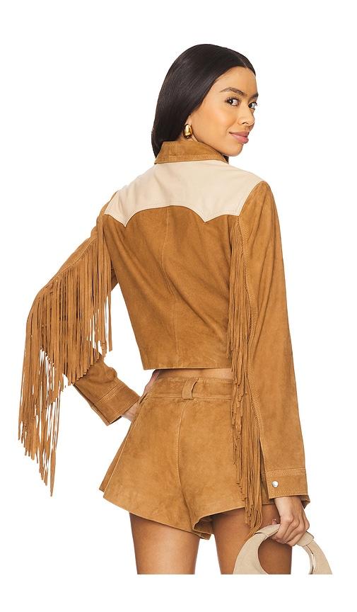 understated leather combo fringe jacket in brown. - size l (also in s, m, xl)