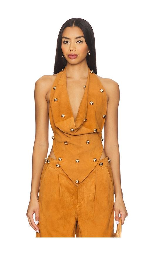 understated leather dome studded halter top in brown. - size m (also in s)