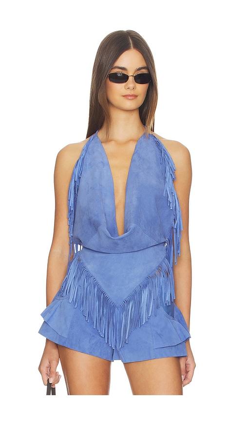 understated leather fringed halter top in blue. - size l (also in m, s, xl, xs)
