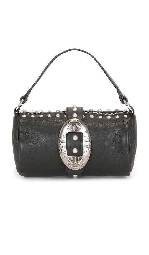 understated leather mini buckle handbag in black.
