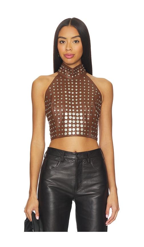understated leather studded top in brown. - size s (also in xs)