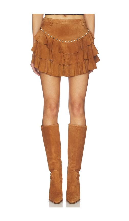understated leather x revolve frill mini skirt in brown. - size s (also in xl)