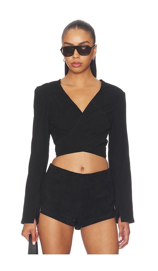 understated leather x revolve long sleeve wrap top in black. - size l (also in m, s)