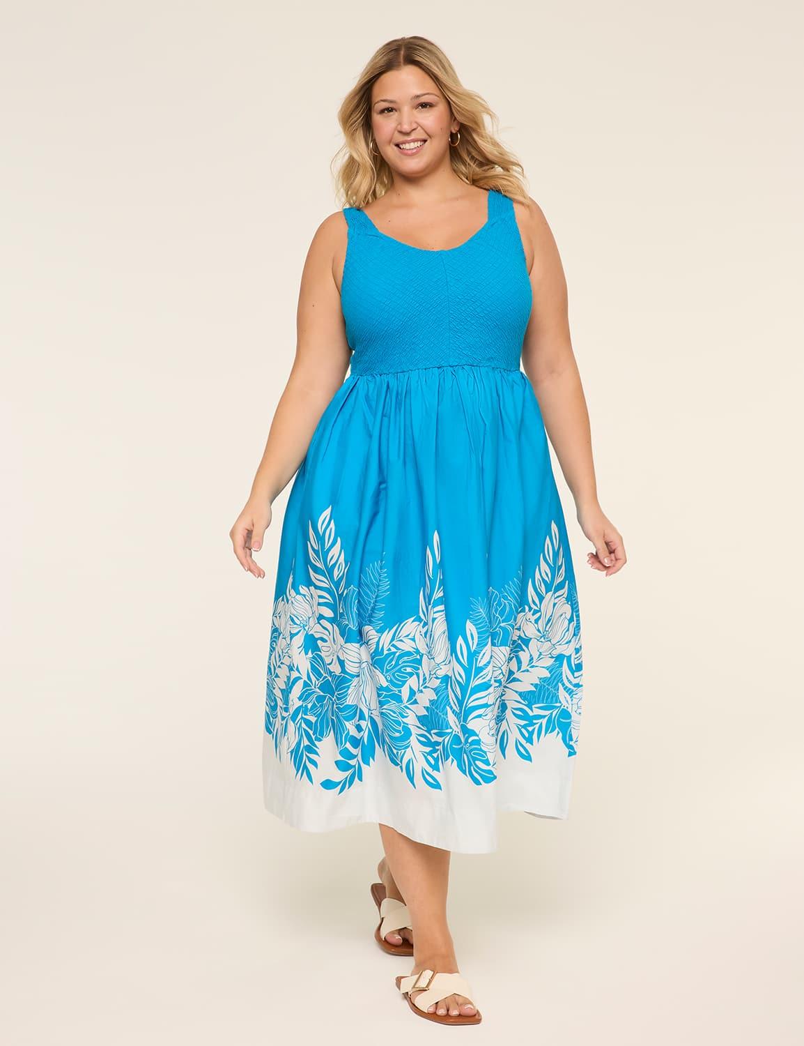 v-neck smocked-bodice midi dress