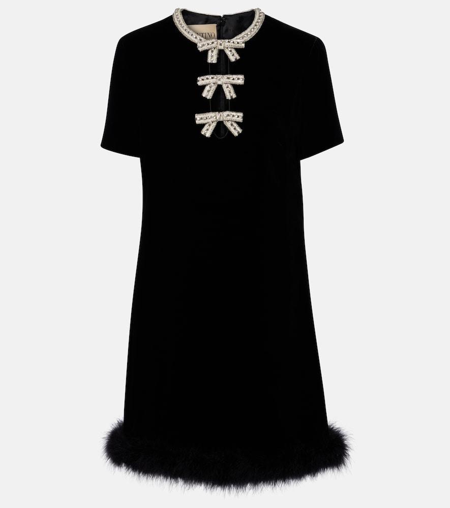 valentino embellished feather-trimmed velvet minidress