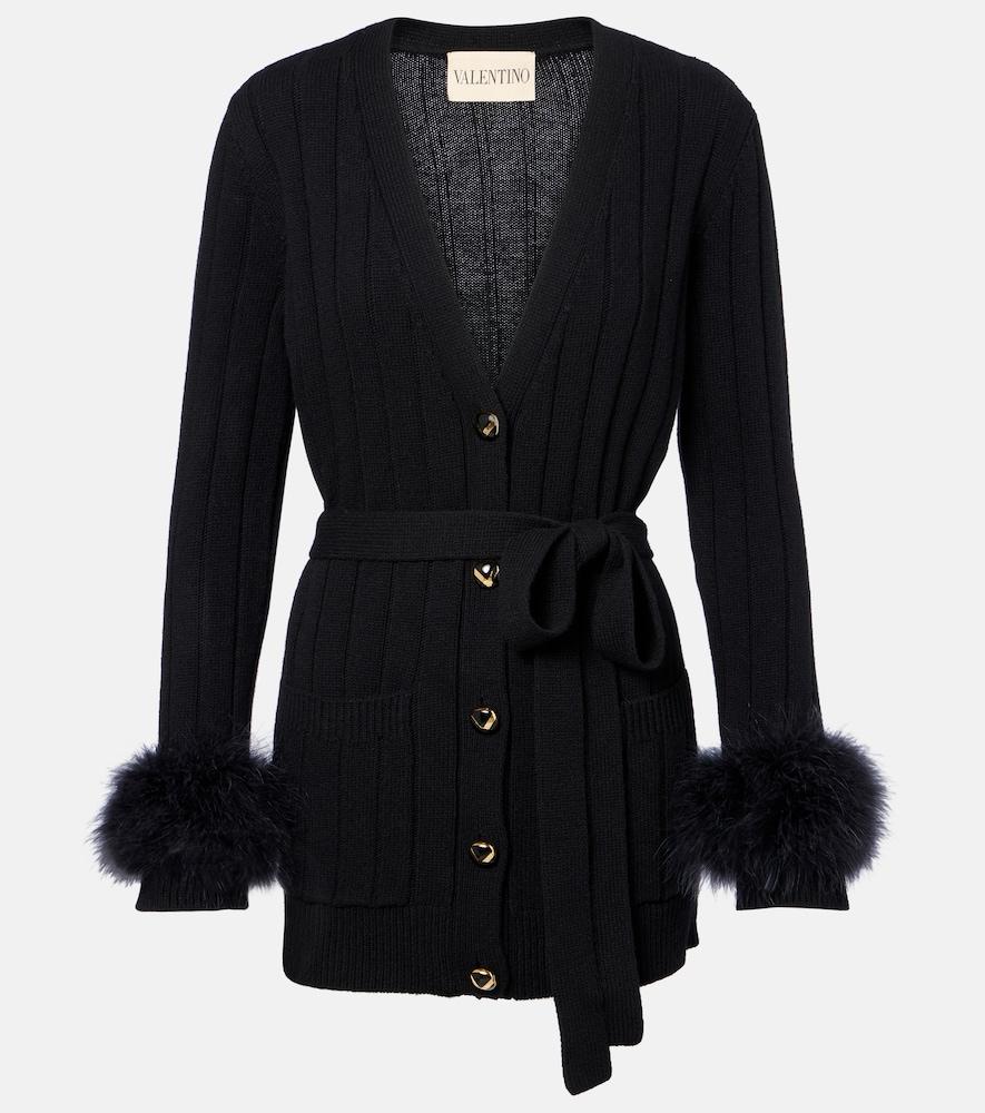 valentino feather-trimmed virgin wool cardigan
