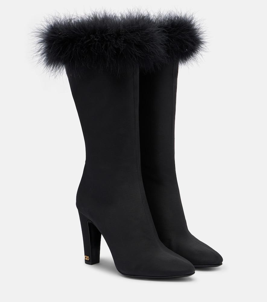 valentino garavani hotty feather-trimmed satin knee-high boots