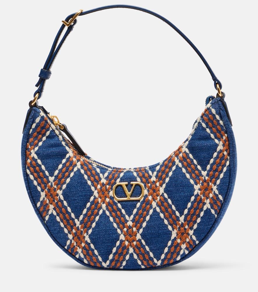 valentino garavani quiltie 67 embroidered denim shoulder bag