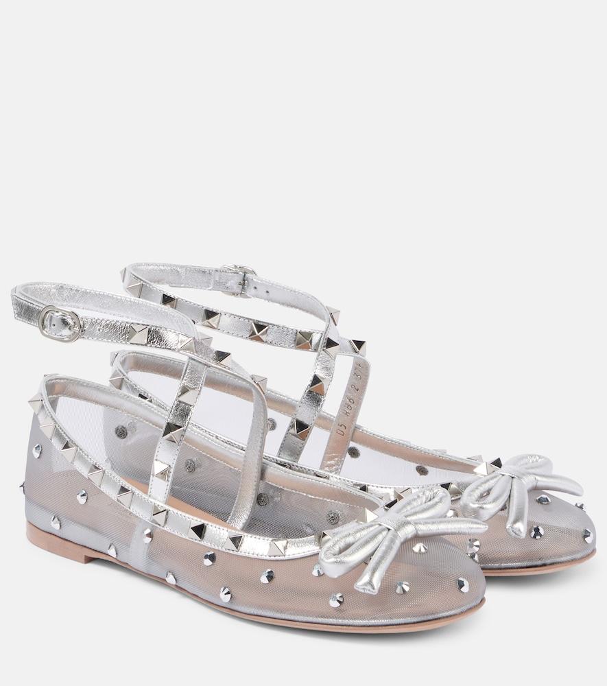 valentino garavani rockstud bow-detail mesh ballet flats