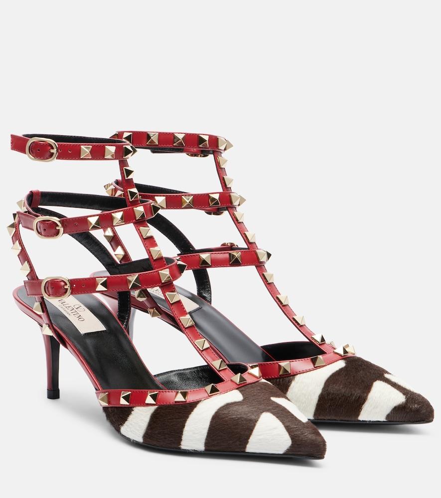 valentino garavani rockstud leather-trimmed calf hair pumps