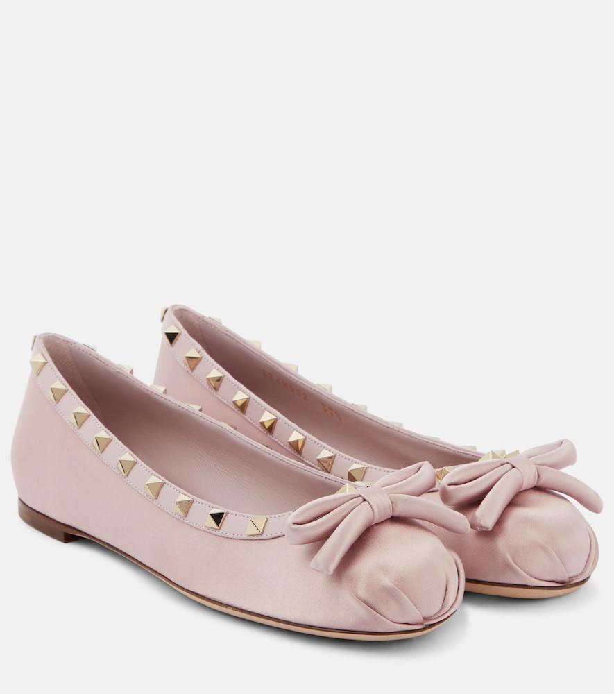 valentino garavani rockstud leather-trimmed satin ballet flats