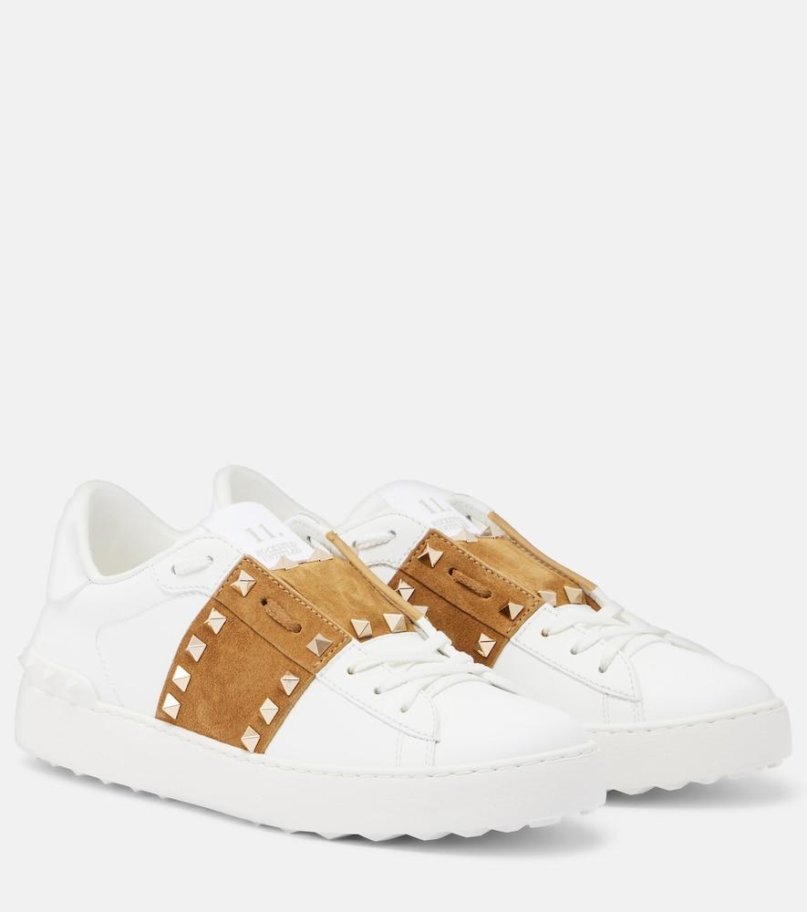 valentino garavani rockstud suede-trimmed leather sneakers