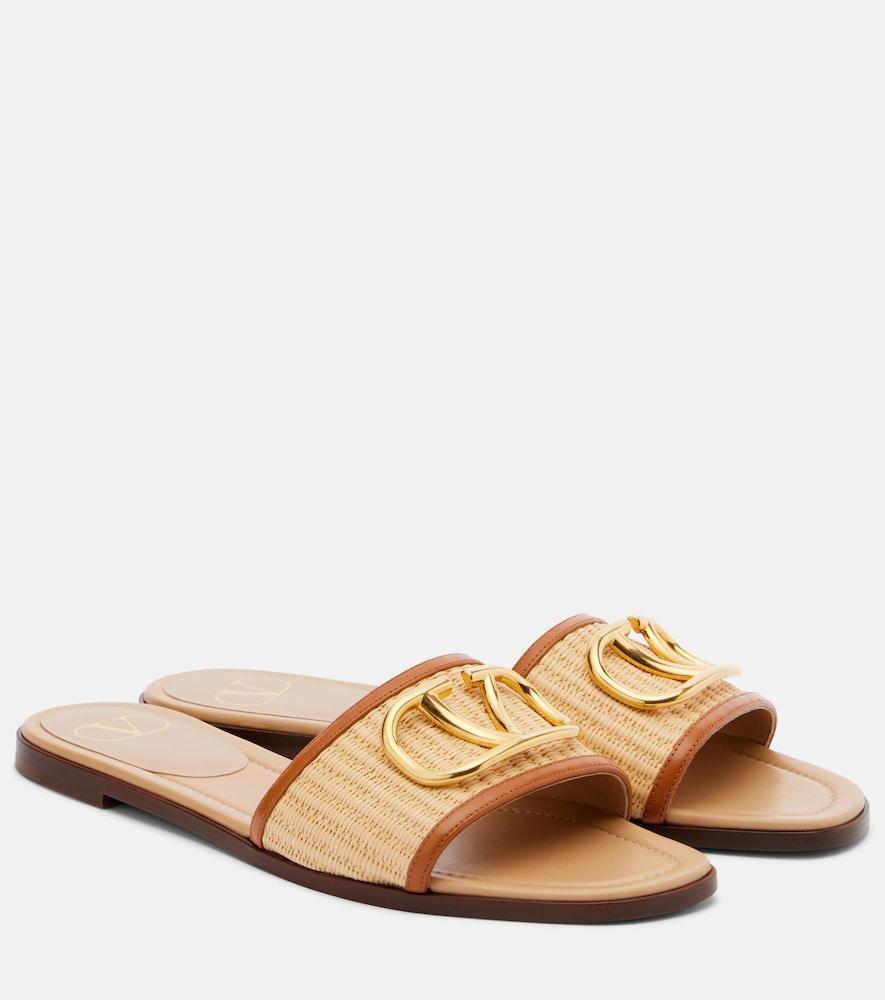 valentino garavani vlogo leather-trimmed raffia slides