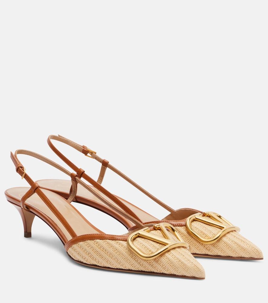 valentino garavani vlogo leather-trimmed raffia slingback pumps