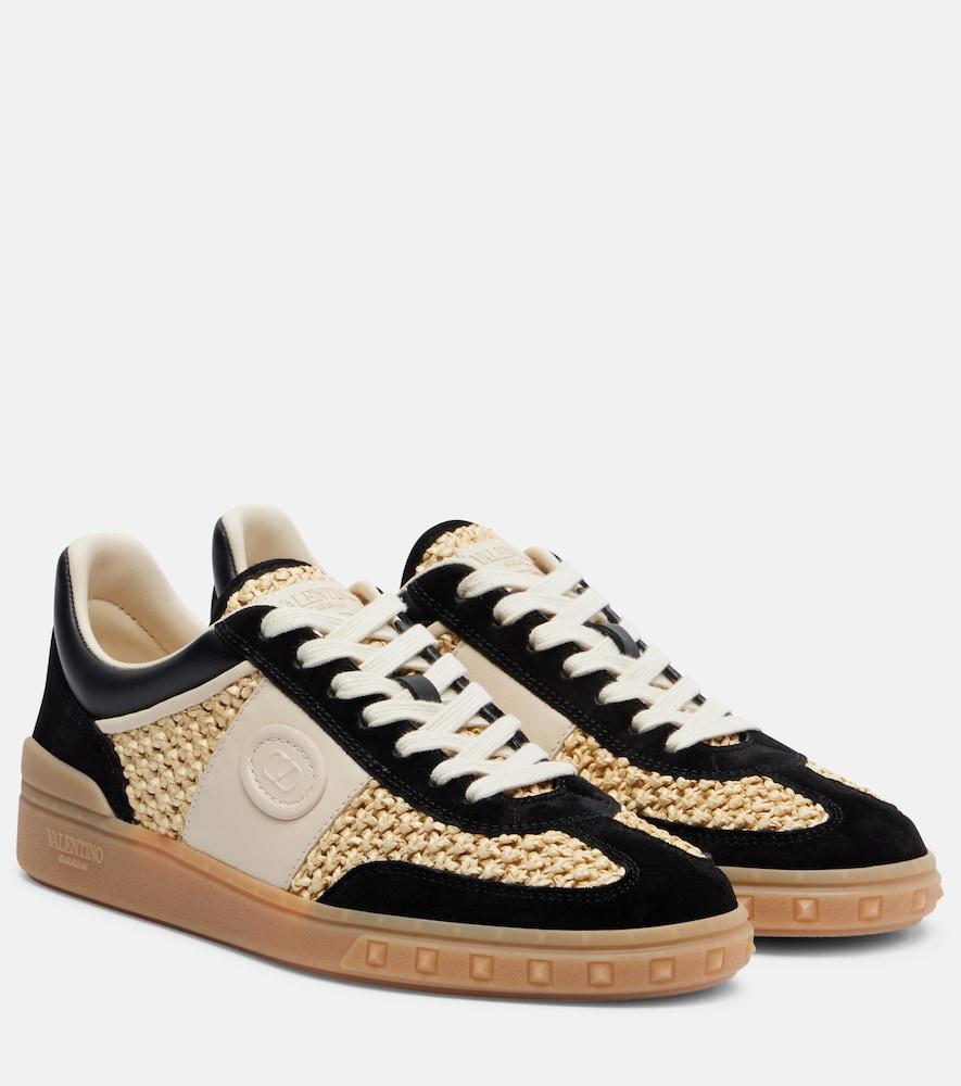 valentino garavani vlogo leather-trimmed raffia sneakers