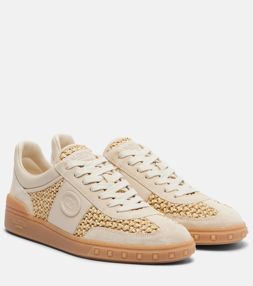 valentino garavani vlogo leather-trimmed raffia sneakers