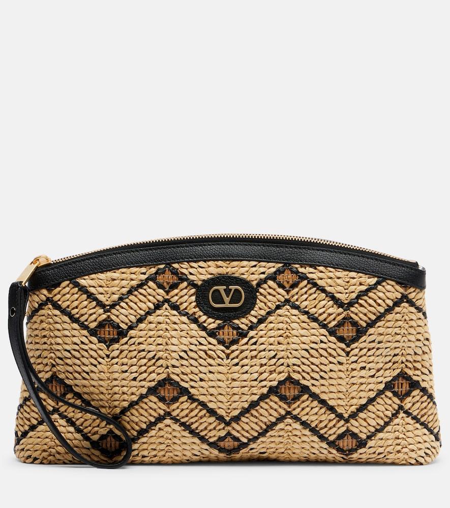 valentino garavani vlogo small leather-trimmed raffia pouch