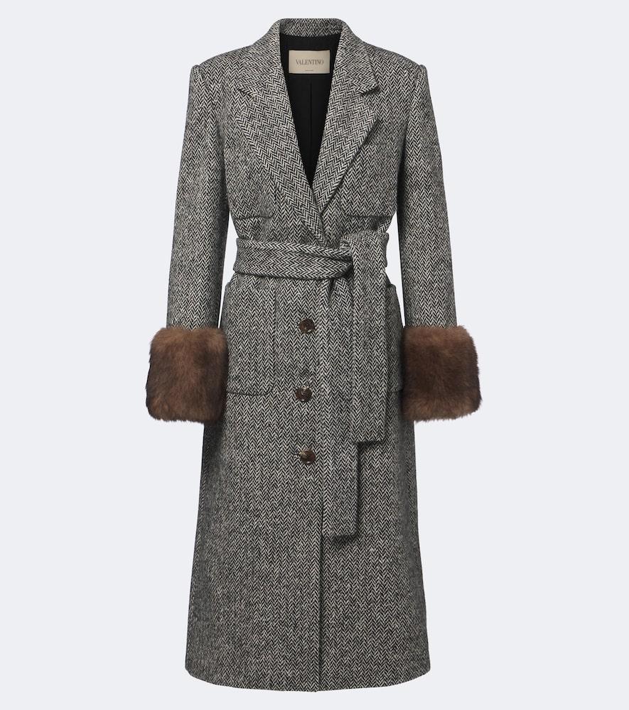 valentino herringbone shearling-trimmed wool-blend coat