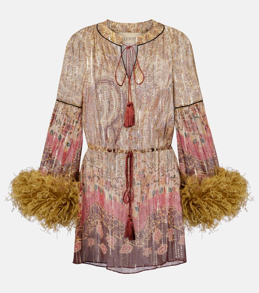 valentino paisley feather-trimmed silk-blend blouse