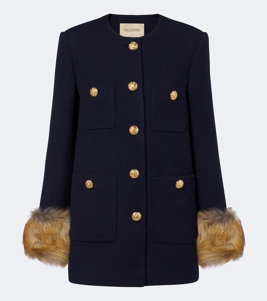 valentino shearling-trimmed wool-blend tweed jacket