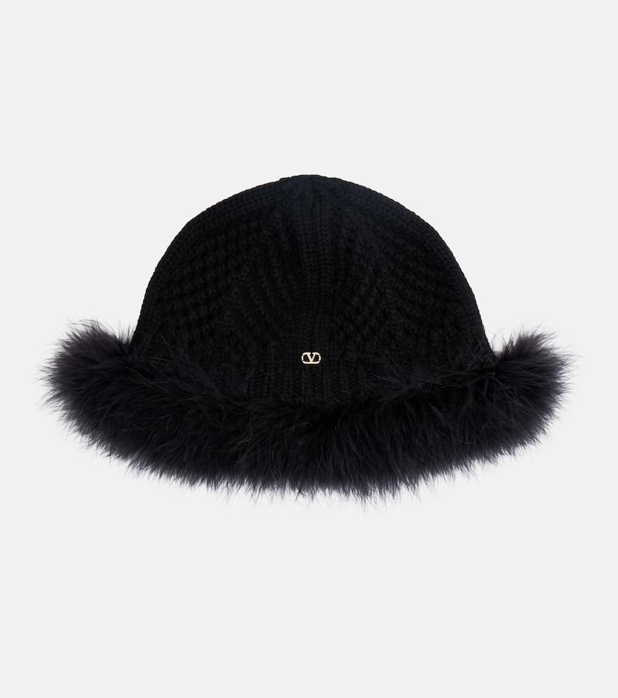 valentino vlogo feather-trimmed virgin wool beanie