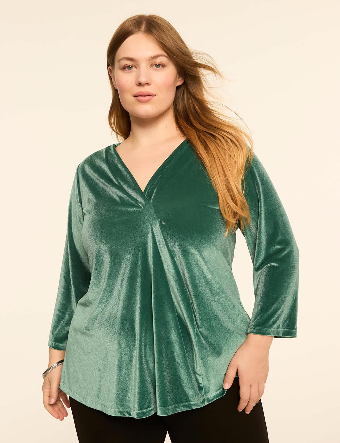 velvet swing 3/4-sleeve pleat-front top