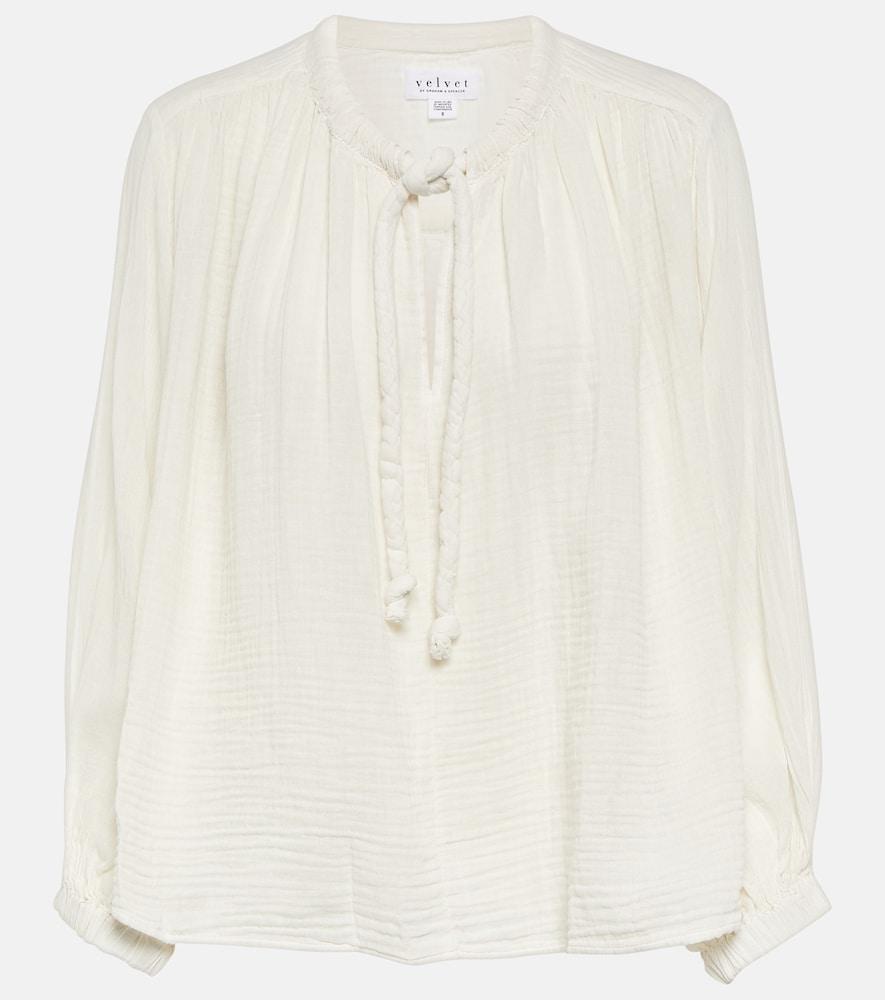 velvet tie-neck cotton blouse top