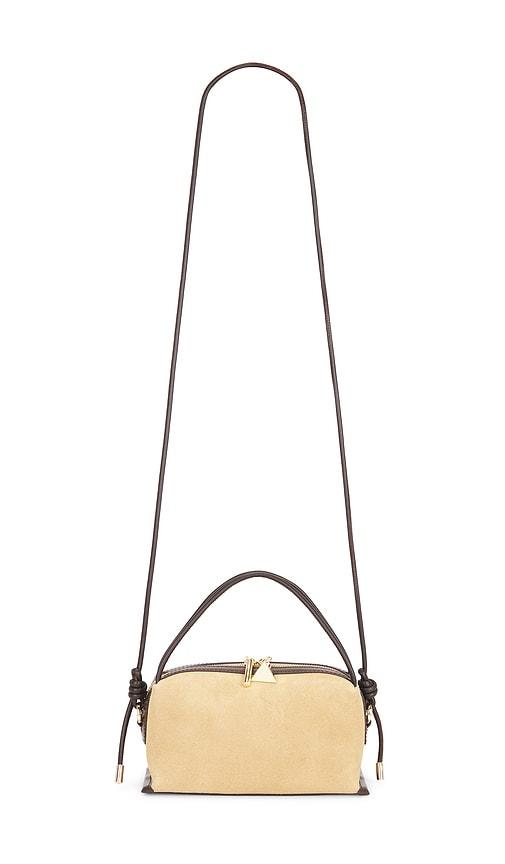 verafied suede cafe mini bag in gold in metallic gold.