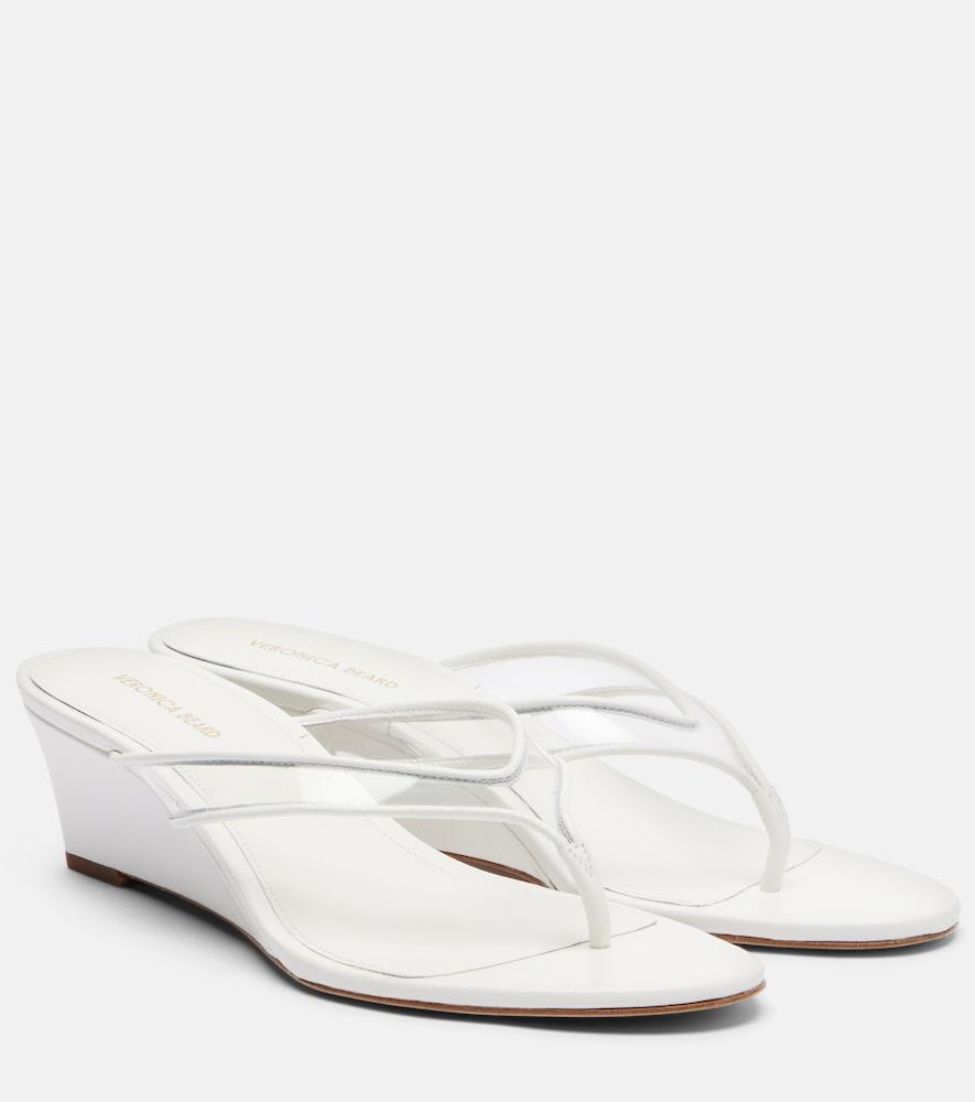 veronica beard clea leather-trimmed wedge thong sandals