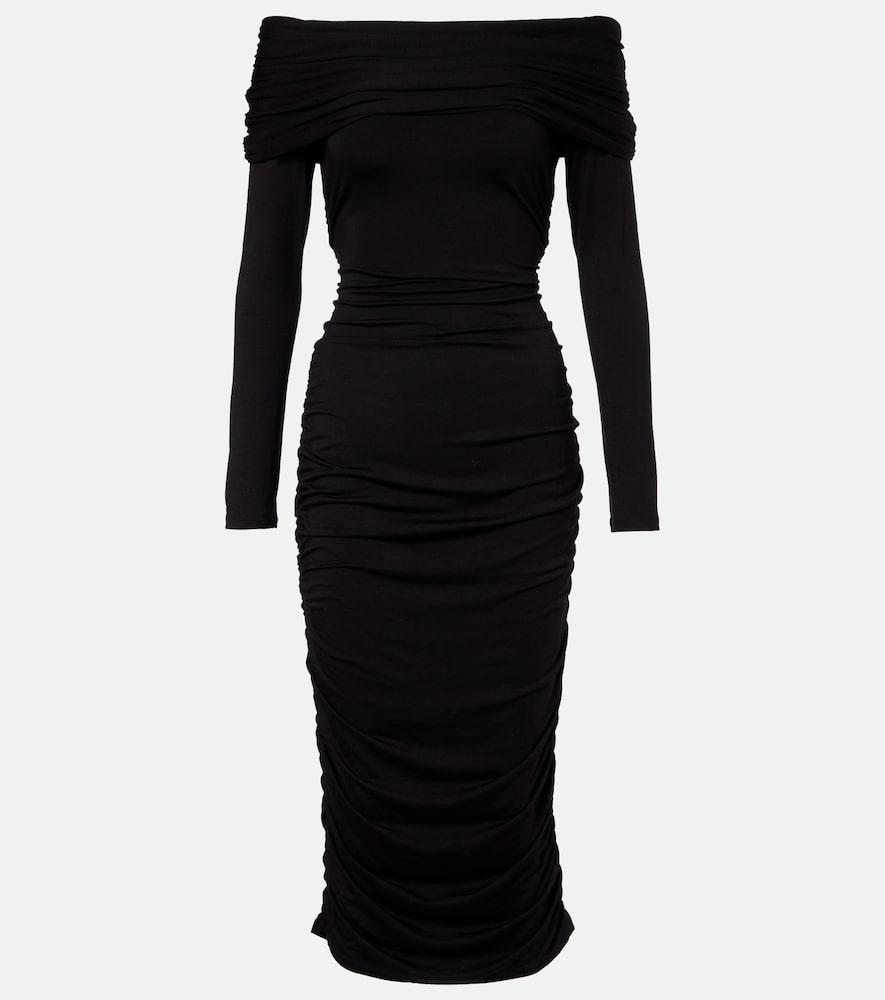 veronica beard tinette ruched off-shoulder midi dress