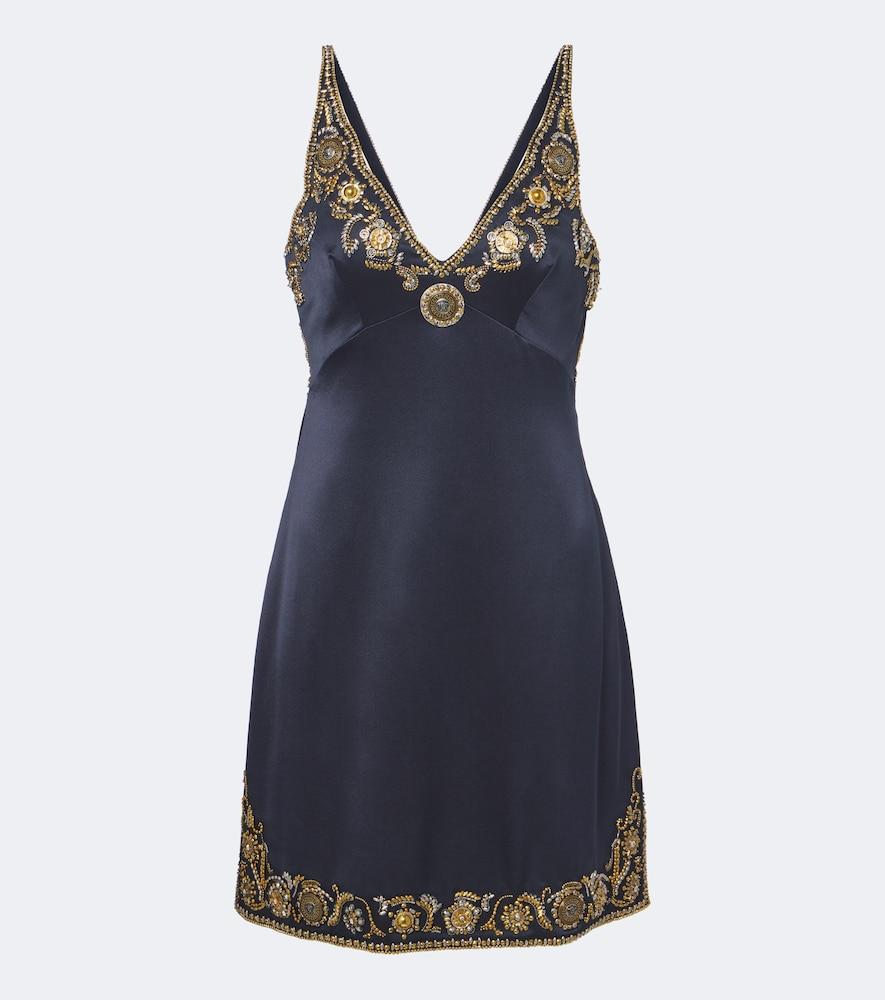 versace medusa embellished silk cady satin minidress
