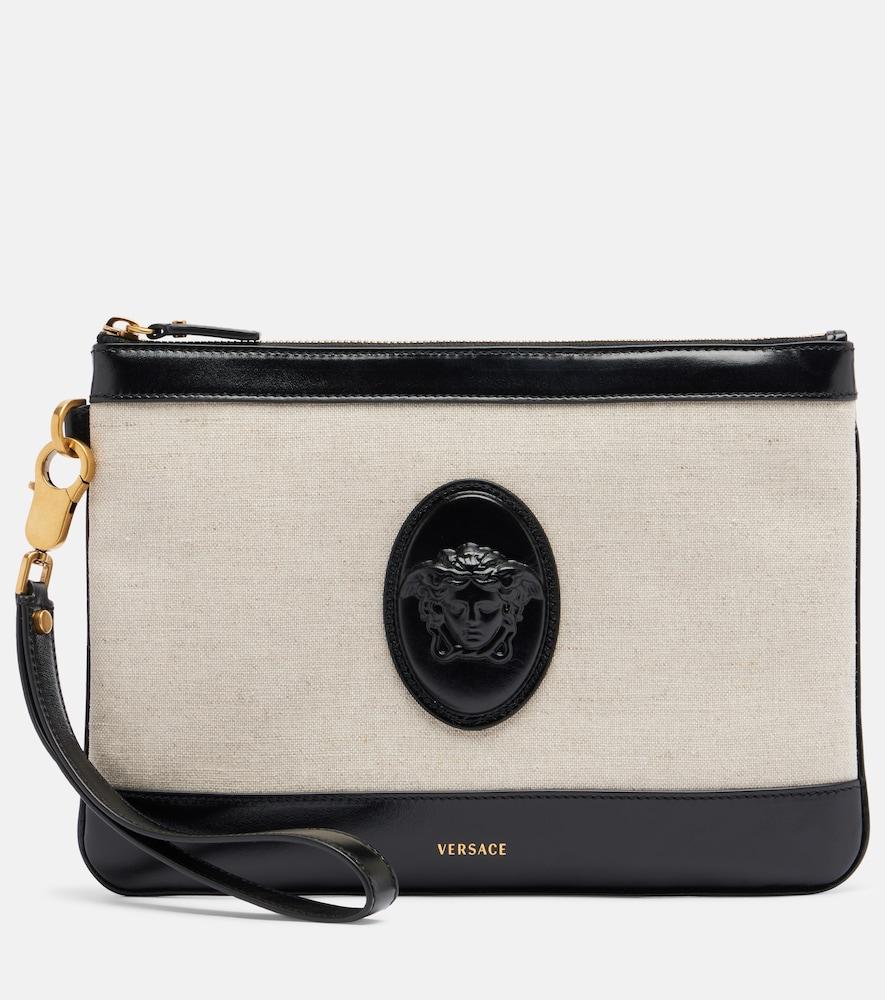 versace rivière leather-trimmed canvas pouch