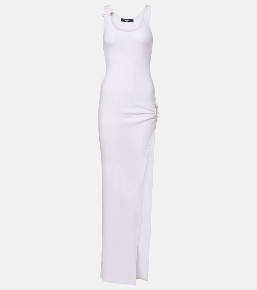 versace safety pin draped cotton-blend maxi dress