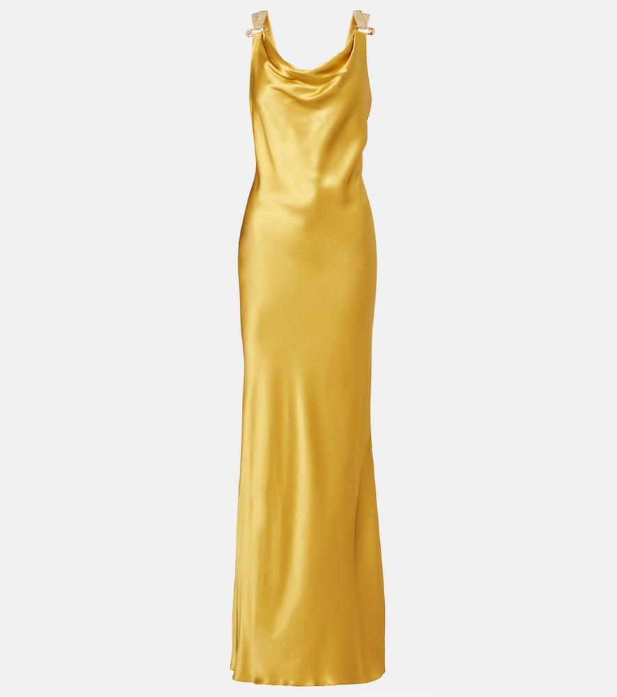 versace safety pin embellished silk satin gown