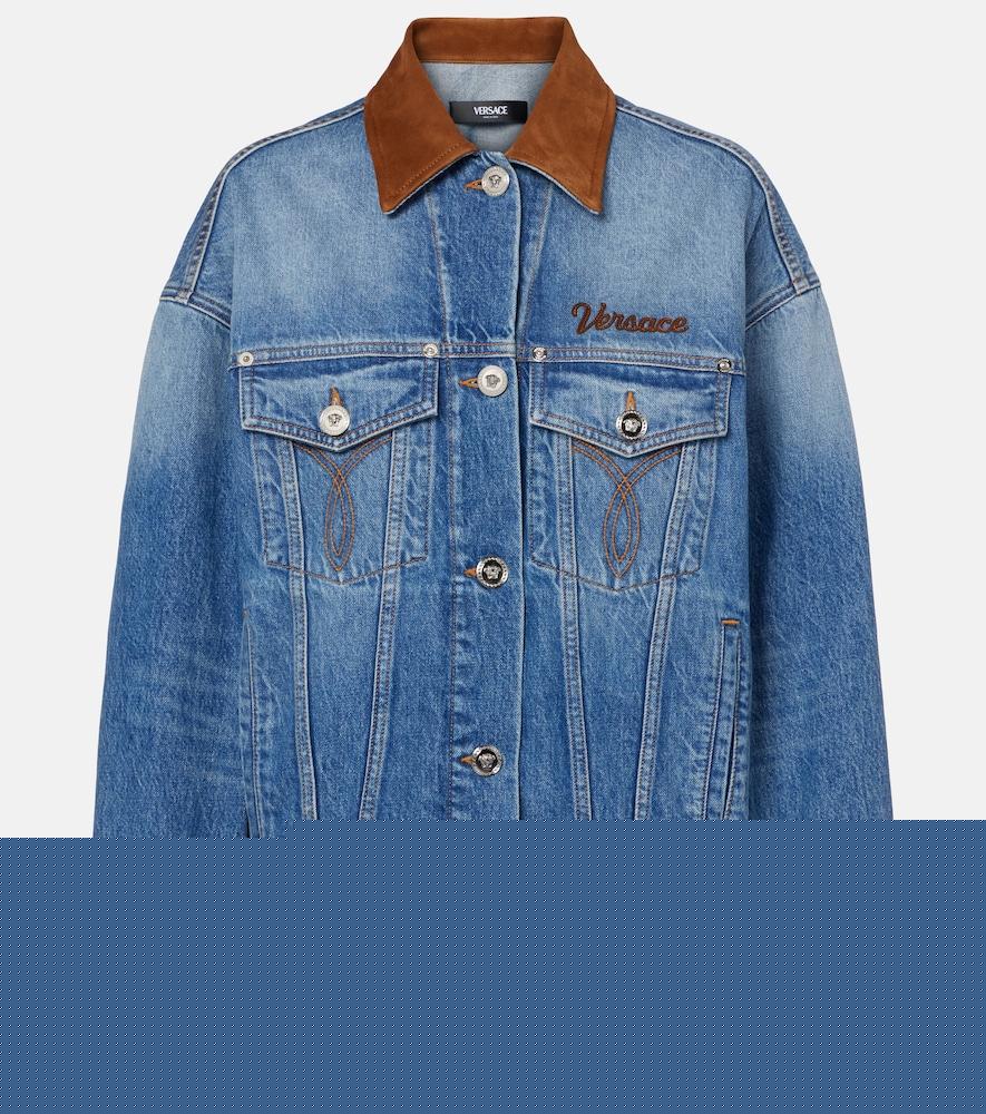 versace trucker suede-trimmed denim jacket