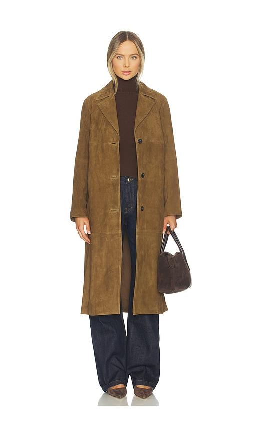 vince suede leather long coat in brown. - size l (also in xs, s, m)