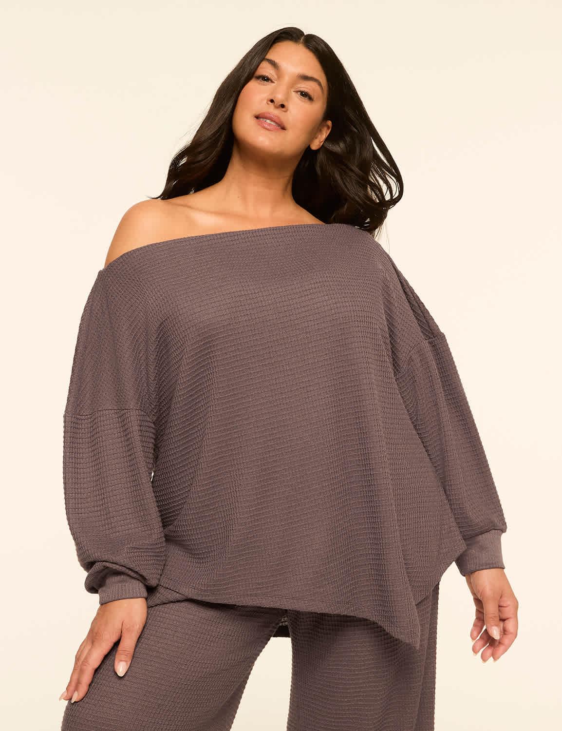 waffle knit off-the-shoulder lounge top