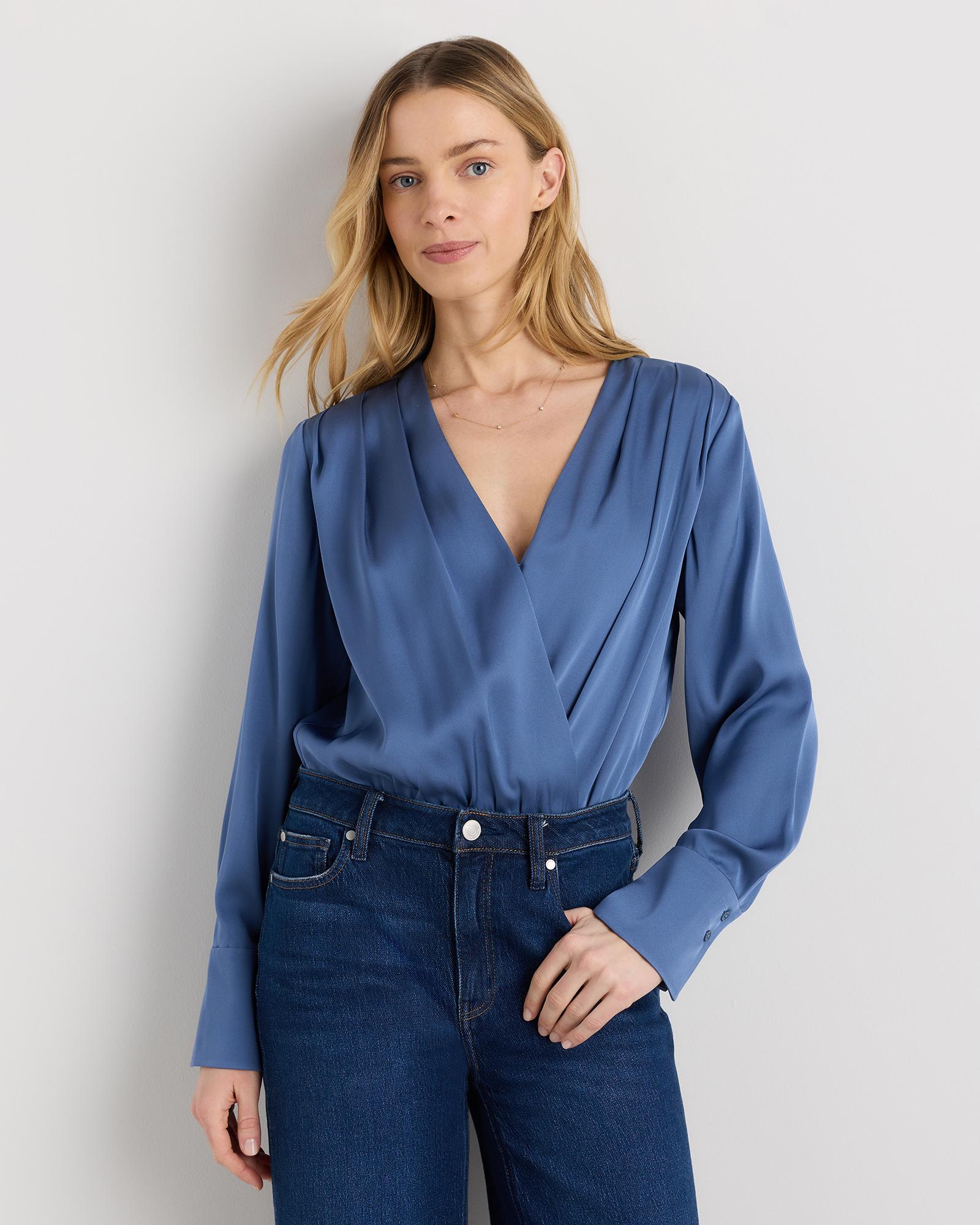 washable stretch silk surplice bodysuit
