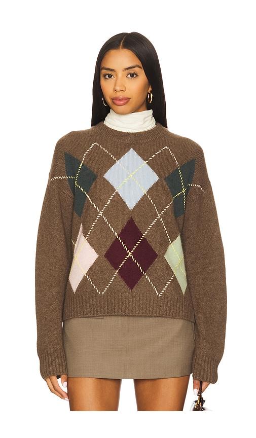 white & warren cashmere argyle crew sweater in brown. - size l (also in s, m)