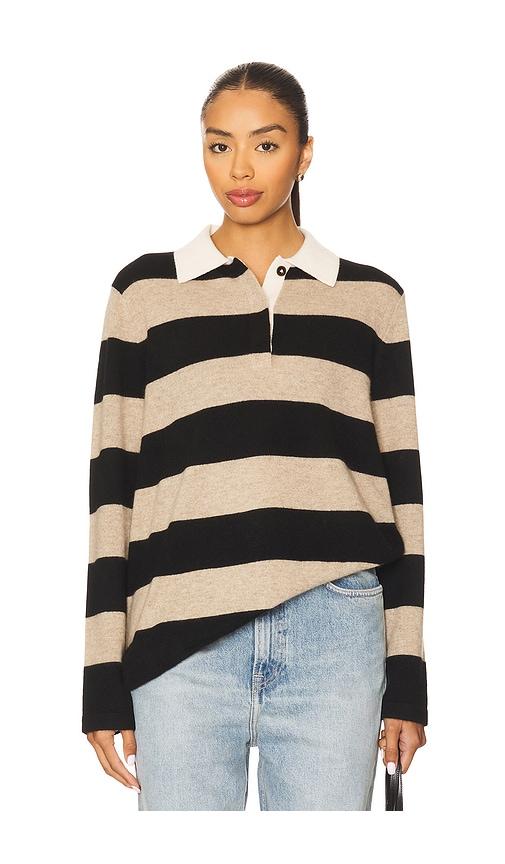 white & warren cashmere rugby stripe polo in black,taupe. - size m (also in xs, s)