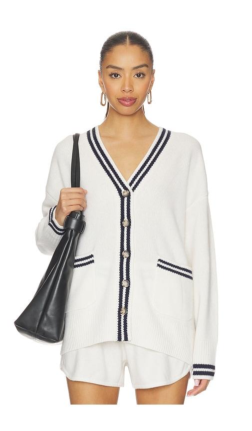 white & warren cashmere varsity cardigan in white,black. - size l (also in s)