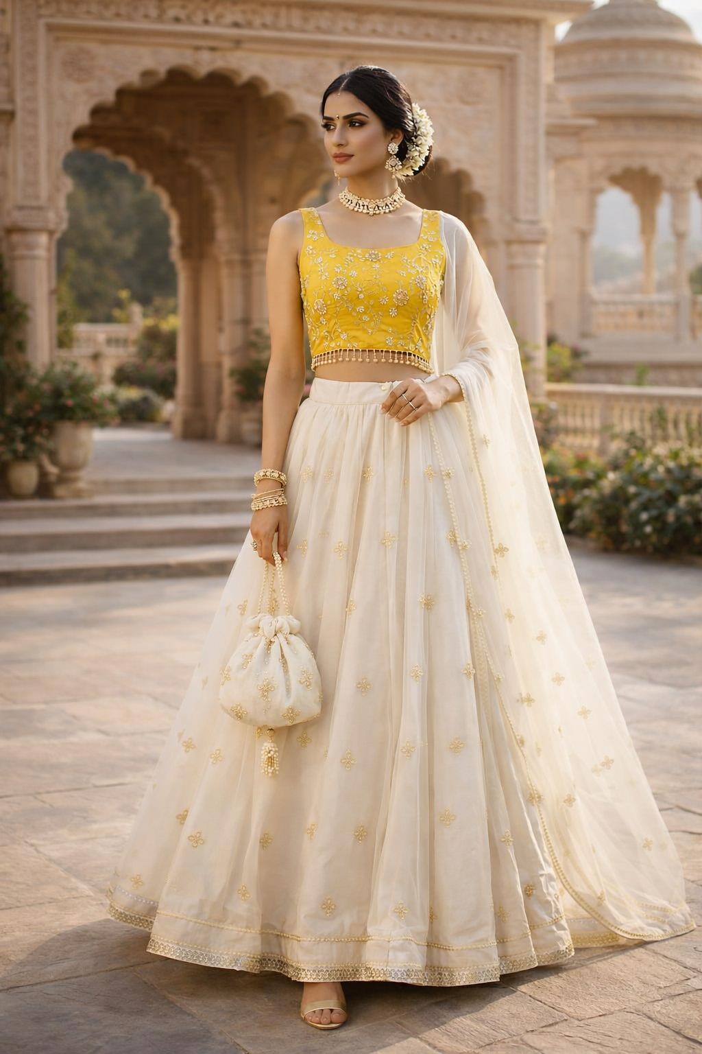 white lehenga with gold blouse