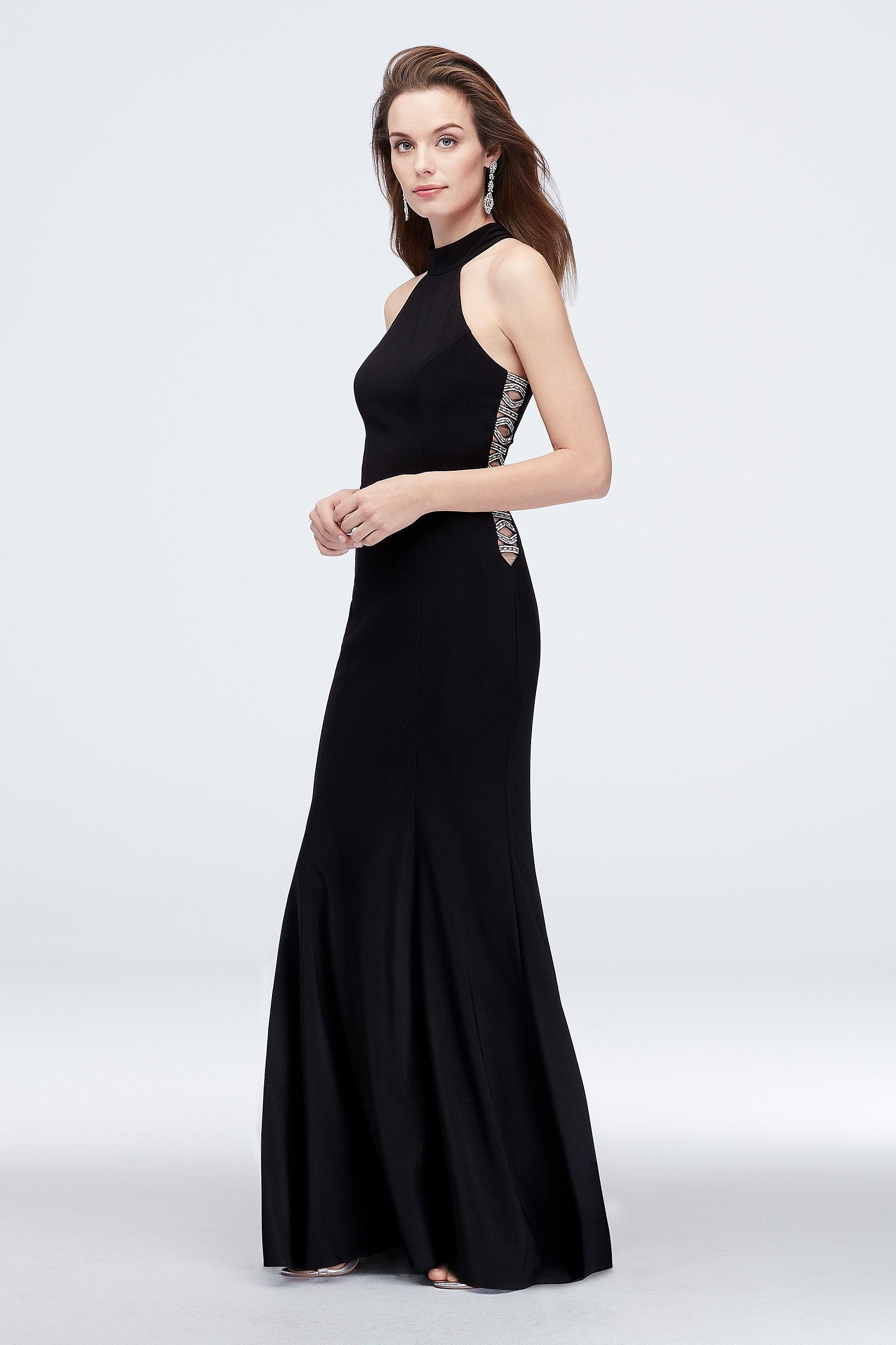 xscape high-neck jersey sheath dress with beaded cutouts in black size: 4 david's bridal