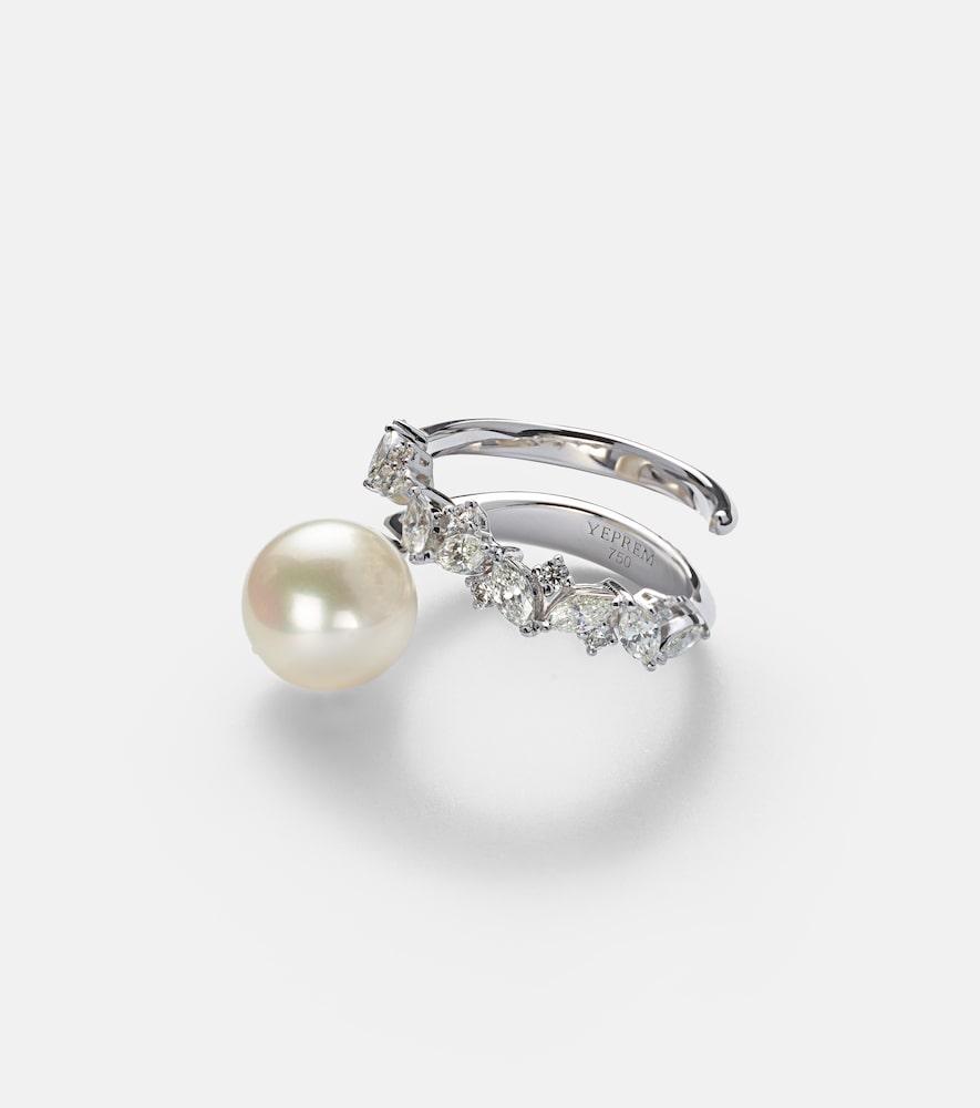 yeprem pearlescent 18kt white gold ring with diamonds and pearl