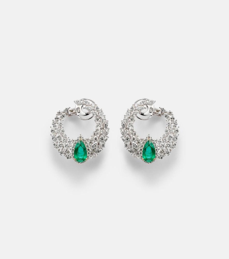 yeprem reign supreme 18kt white gold hoop earrings with diamonds and emeralds