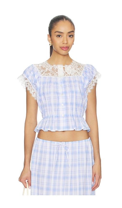 yuhan wang lace trim button check top in blue,white. - size l (also in s, m)
