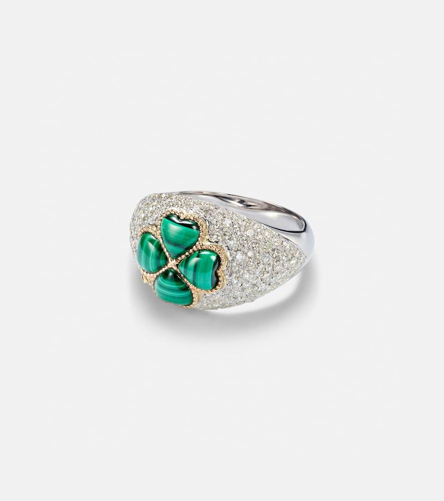 yvonne léon 9kt white gold ring with diamonds and malachite