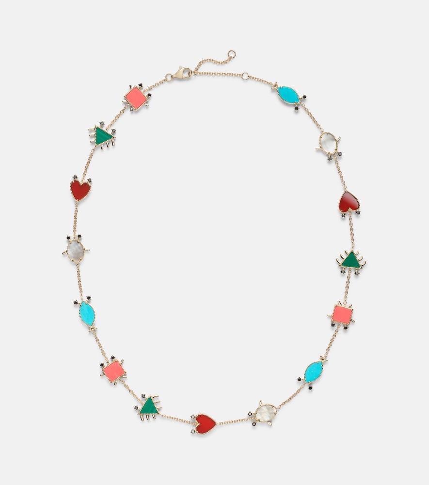 yvonne léon petits personnages 9kt gold necklace with diamonds and gemstones