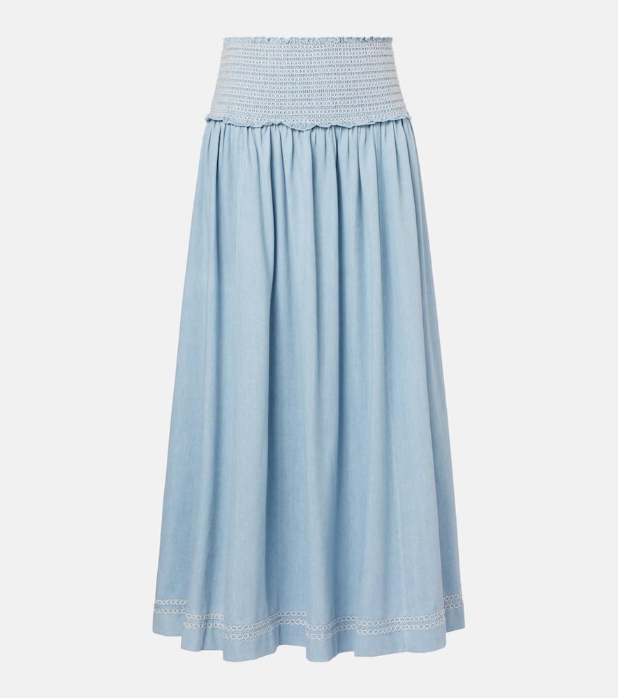zimmermann ascension shirred denim midi skirt